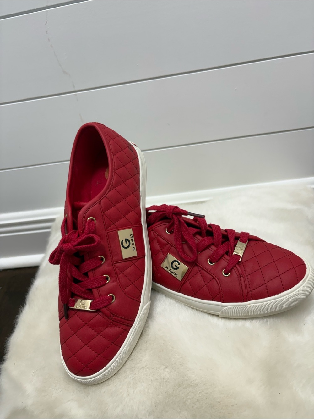 G by Guess Red Quilted Lace-Up Sneakers with Gold Accents